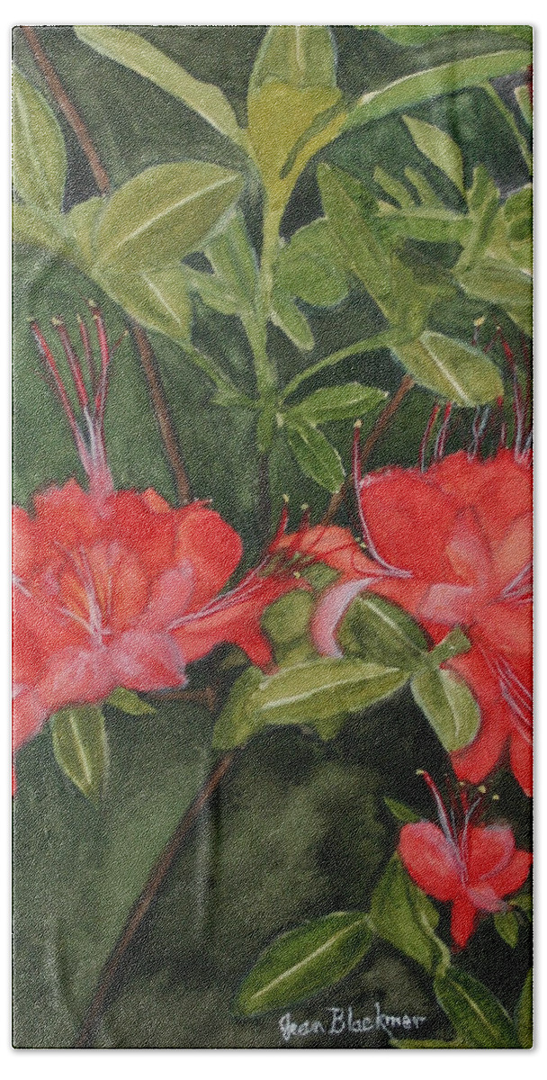 Flowers Hand Towel featuring the painting Red Blooms on the Parkway by Jean Blackmer