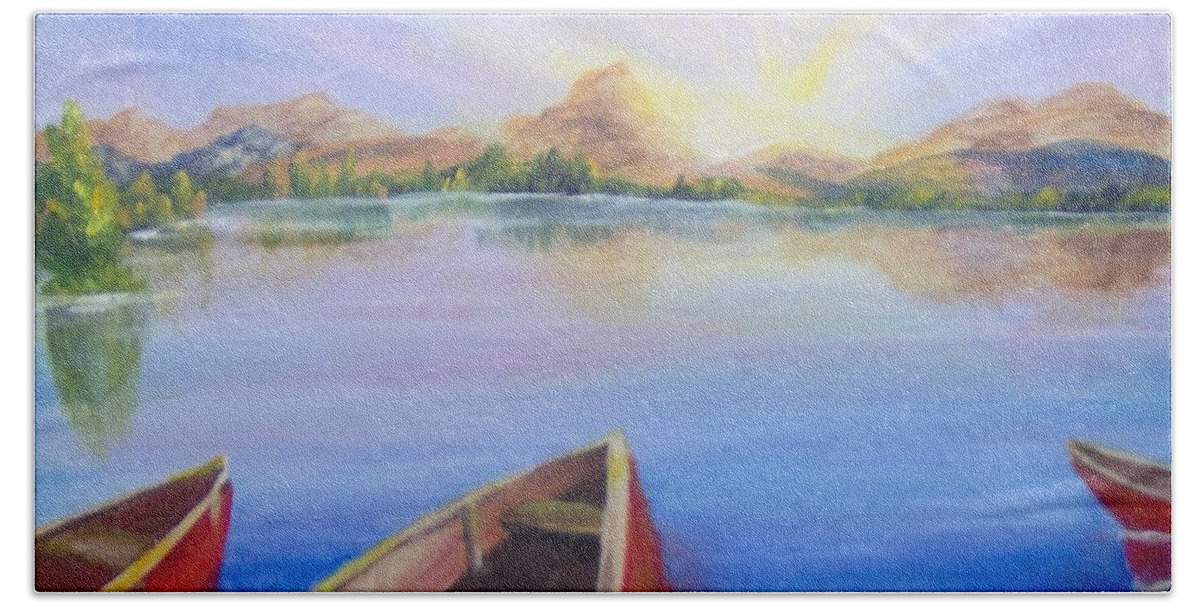 Landscape Bath Towel featuring the painting Red Boats at Sunrise by Saundra Johnson