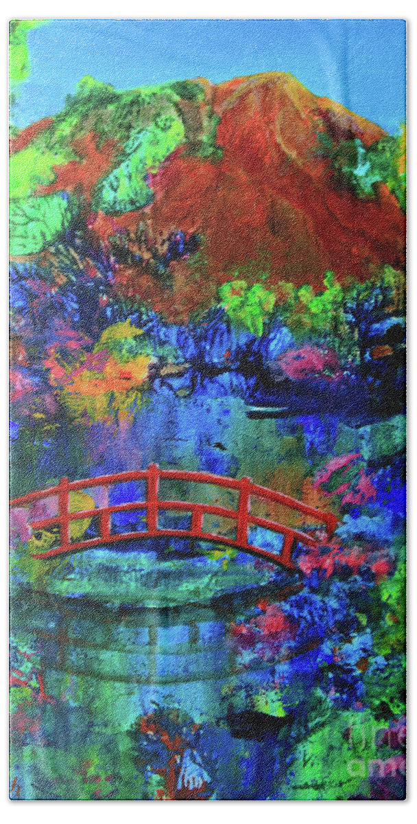Art Bath Towel featuring the painting Red Bridge Dreamscape by Jeanette French