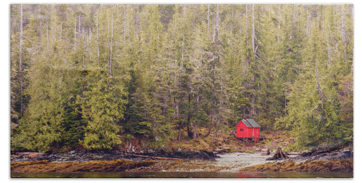Alaska Hand Towel featuring the photograph Red Cabin on Edge of Alaskan Waterway in Evergreen Forest by Darryl Brooks