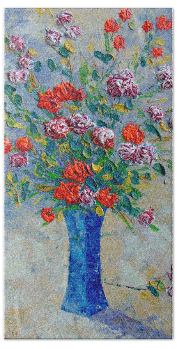 Frederic Payet Bath Towel featuring the painting Red Carnations by Frederic Payet
