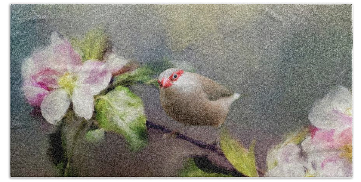 Red Ear-striped Waxbill Hand Towel featuring the photograph Red-cheeked Waxbill by Eva Lechner