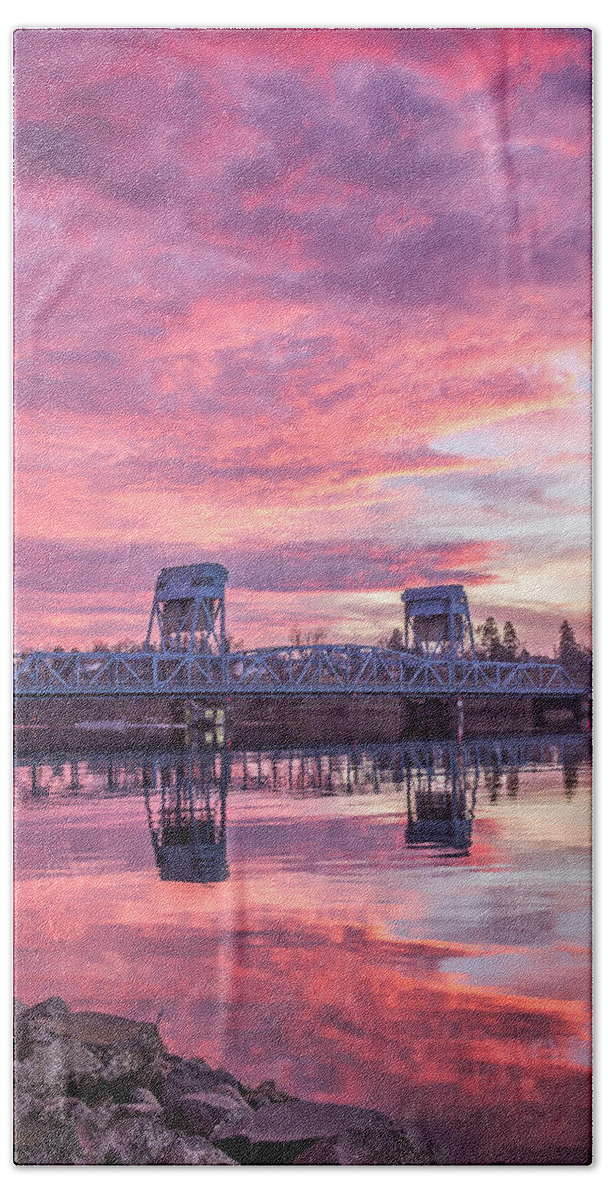 Lewiston Idaho Clarkston Washington Id Wa Lewis Clark Lc Valley Landscape Rivers Hill Snake Red Clouds Blue Bridge Vertical Hand Towel featuring the photograph Red Clouds Vertical Shot by Brad Stinson