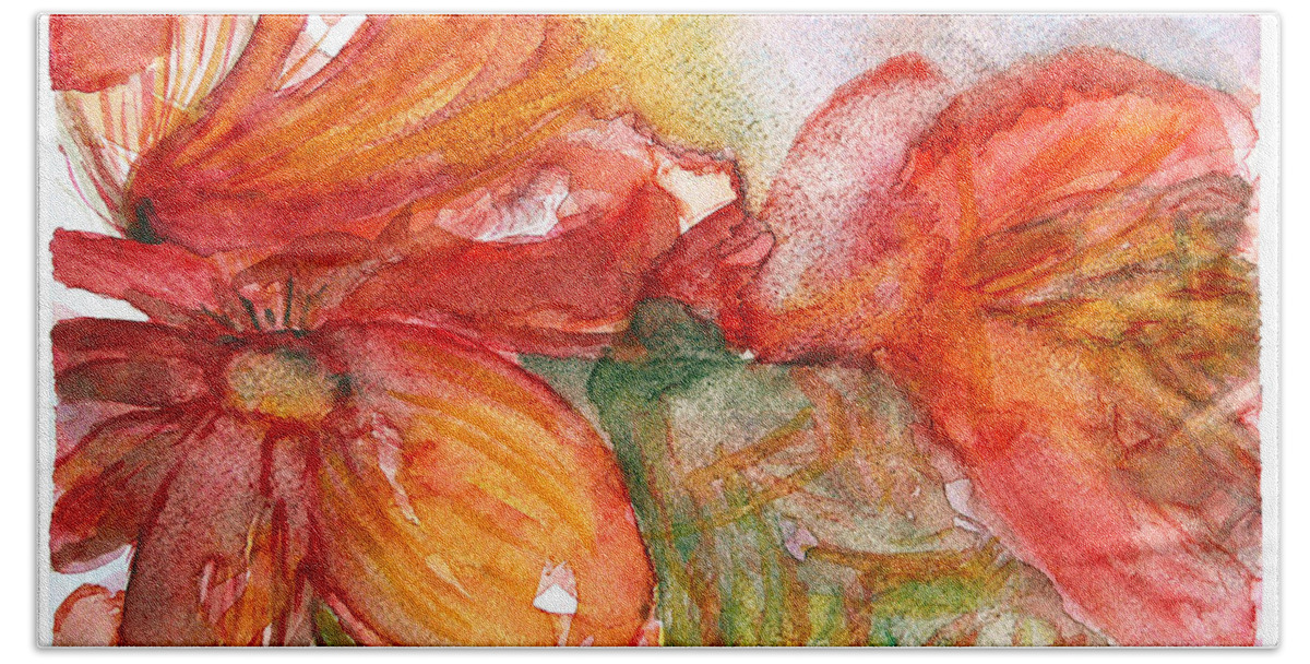 Red Flowers Bath Towel featuring the painting Red Dance by Jasna Dragun