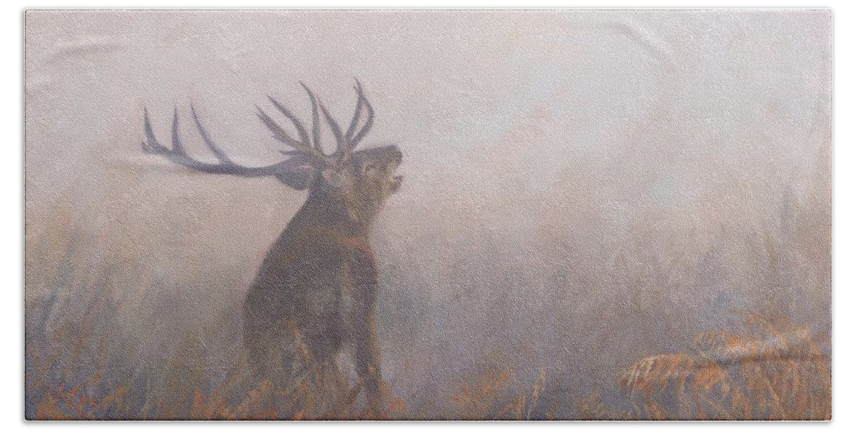 Deer Hand Towel featuring the painting Red Deer Stag Early Morning by David Stribbling