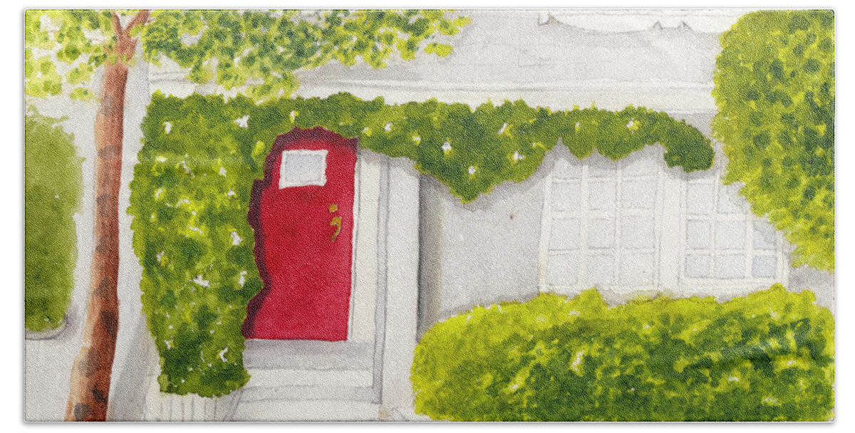 Watercolor Bath Towel featuring the painting Red Door Morning Light 2 by Conni Schaftenaar