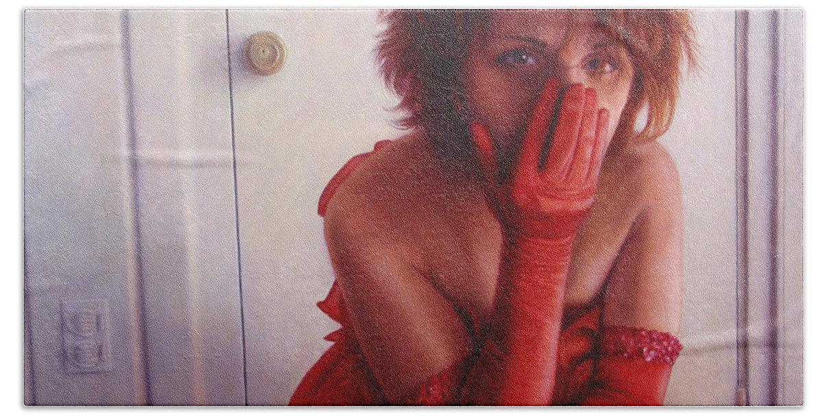 Red Hand Towel featuring the painting Red Dress by James W Johnson