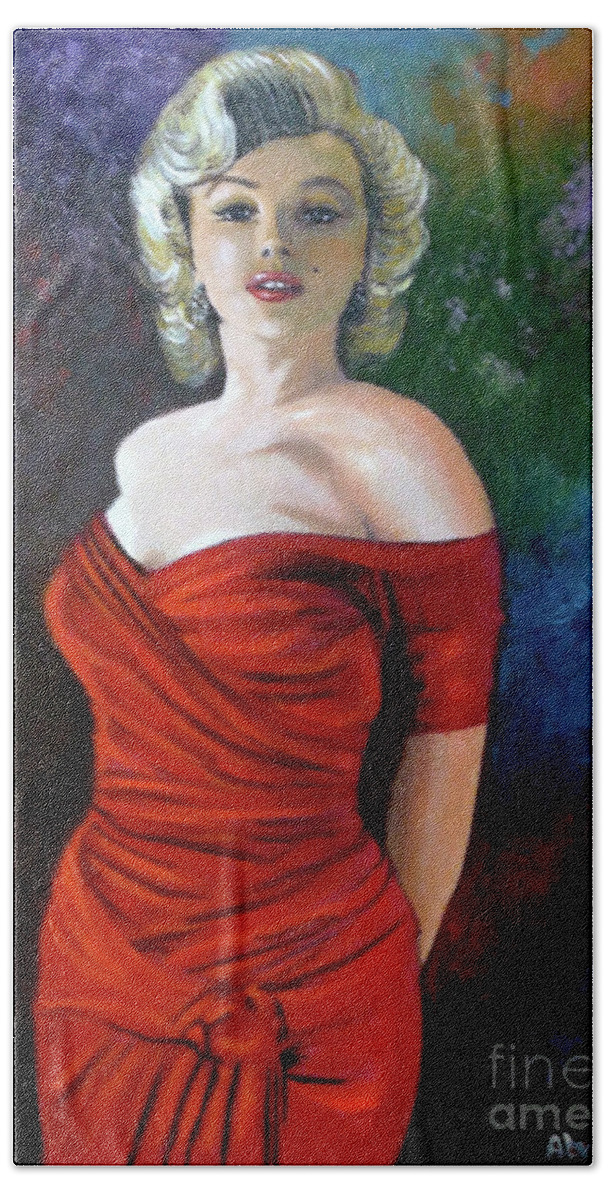 M.monroe Bath Sheet featuring the painting Red Dress by Jose Manuel Abraham