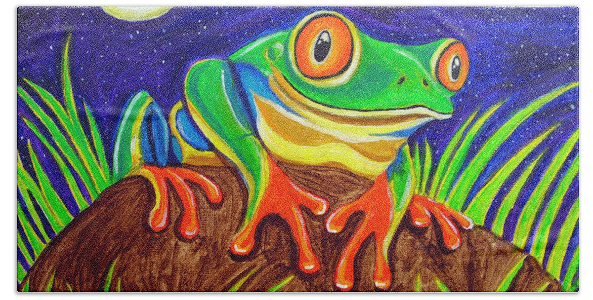Red-eyed Tree Frog Bath Towel featuring the painting Red-eyed tree frog and starry night by Nick Gustafson