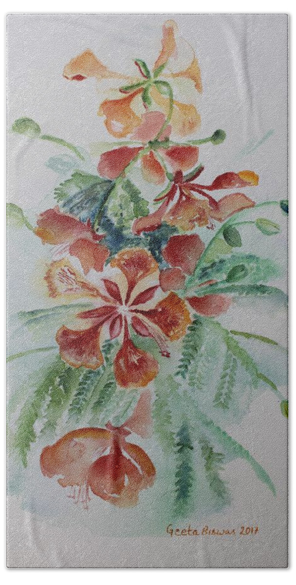 Flamboyant Bath Towel featuring the painting Red Flamboyant flowers still life in watercolor by Geeta Yerra
