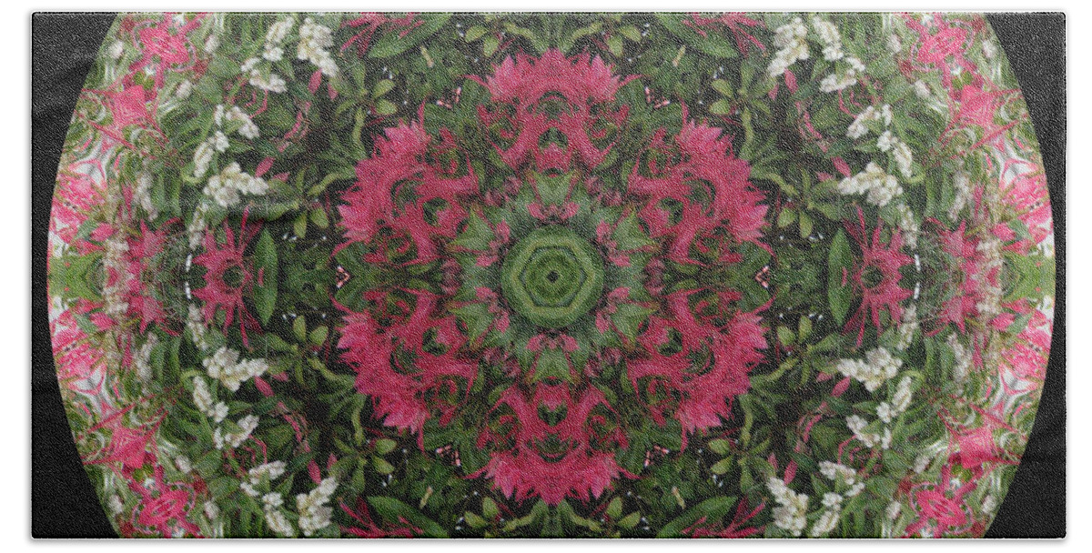 Red Flowers Bath Towel featuring the digital art Red Flower Faces Kaleidoscope by Julia L Wright