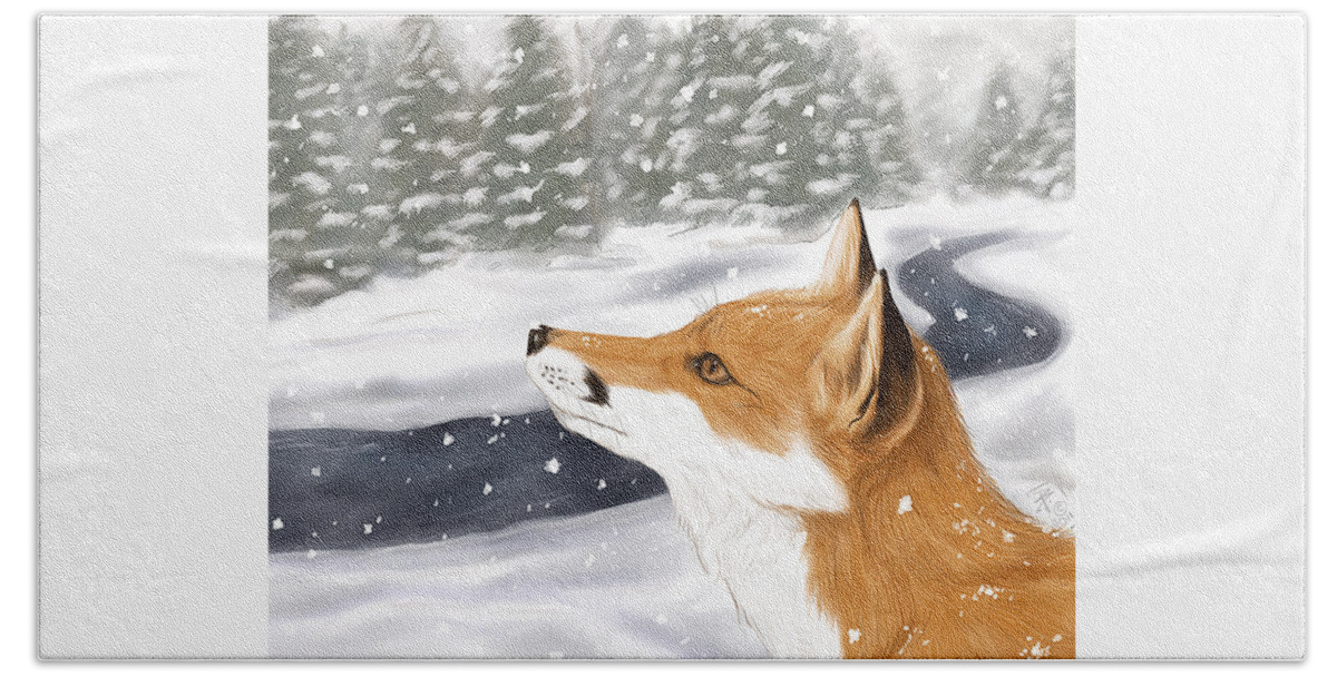Fox Bath Towel featuring the digital art Red Fox in Snow by Brandy Woods