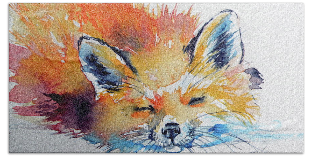 Red Fox Bath Towel featuring the painting Red fox sleeping by Kovacs Anna Brigitta