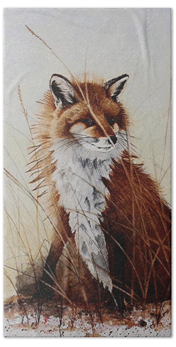 Wildlife Bath Towel featuring the painting Red Fox Waiting on Breakfast by Jimmy Smith