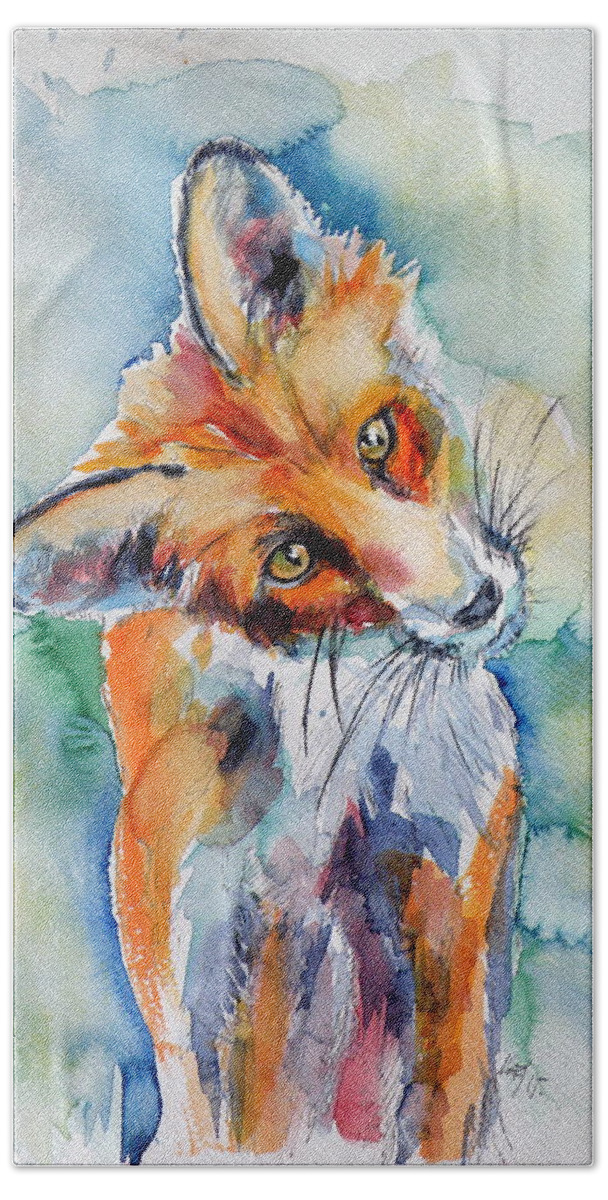 Red Fox Bath Towel featuring the painting Red fox watching by Kovacs Anna Brigitta