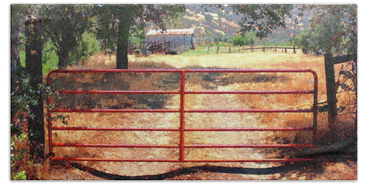 Red Bath Towel featuring the photograph Red Gate by Timothy Bulone