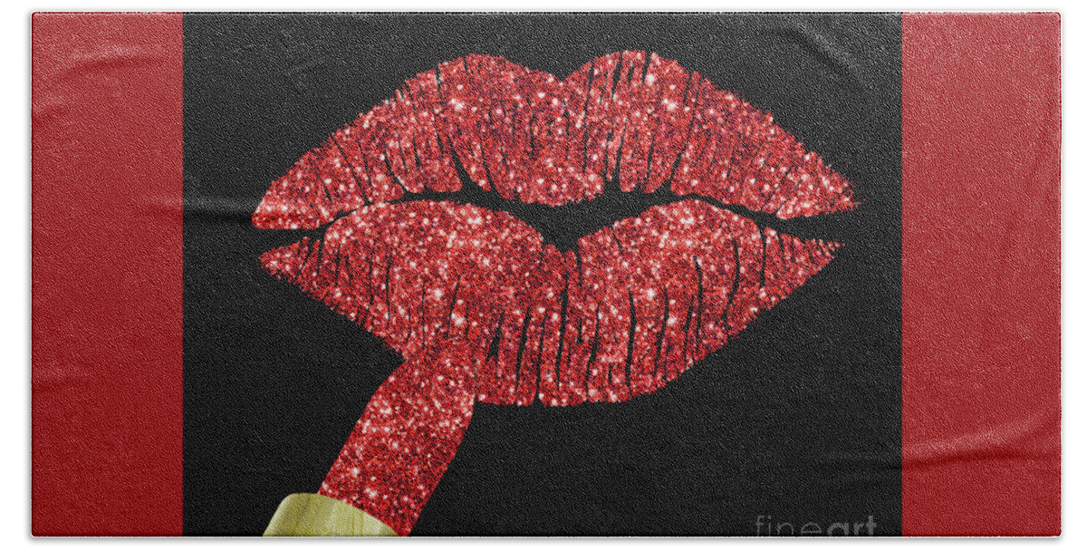 Ruby Lips Bath Towel featuring the painting Red Kiss, faux glitter lipstick on pouty lips, fashion art by Tina Lavoie