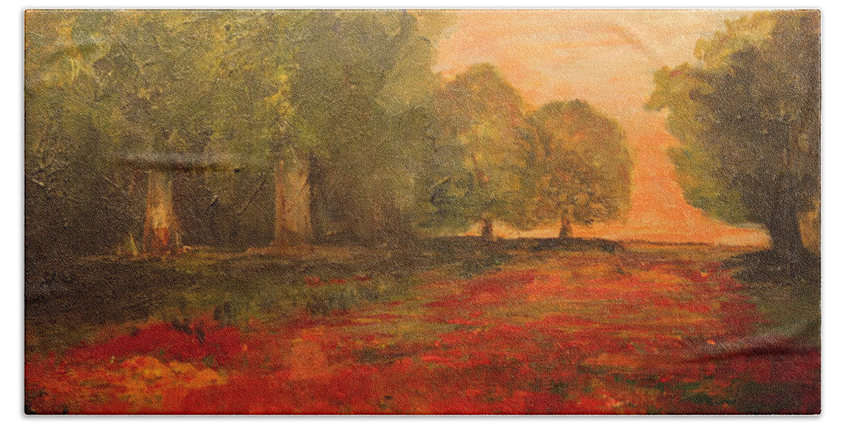 Landscape Bath Towel featuring the painting Red Glow in the Meadow by Julie Lueders 