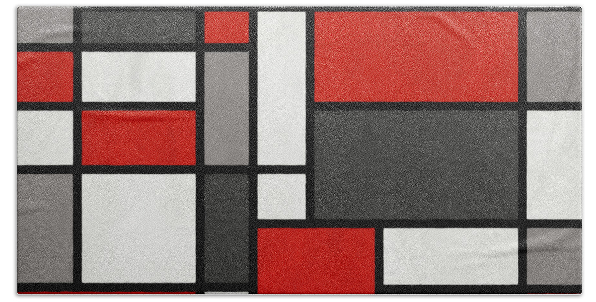 Mondrian Hand Towel featuring the digital art Red Grey Black Mondrian Inspired by Michael Tompsett