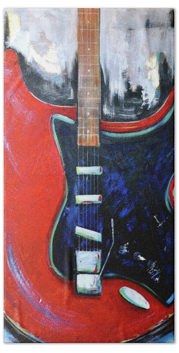 Red Bath Towel featuring the painting Red Guitar by Debi Starr