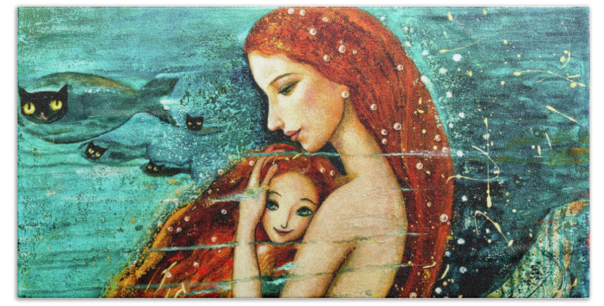 Mermaid Art Hand Towel featuring the painting Red Hair Mermaid Mother and Child by Shijun Munns