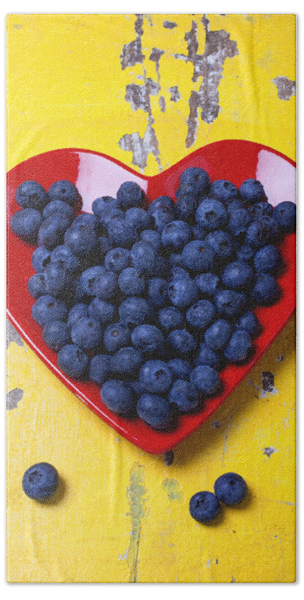 Red Heart Shaped Plate Hand Towel featuring the photograph Red heart plate with blueberries by Garry Gay