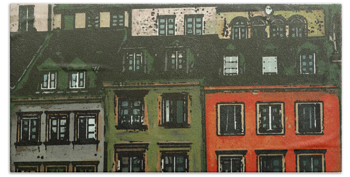 Row Houses Hand Towel featuring the mixed media Red House in a Row by Shelli Fitzpatrick