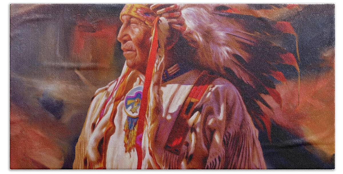 Native American Bath Towel featuring the painting Red Indian kkm3i by Gull G