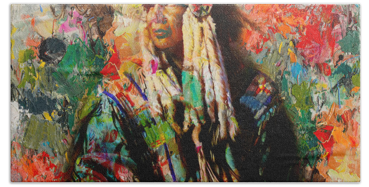 Native American Hand Towel featuring the painting Red Indian Warriors by Gull G