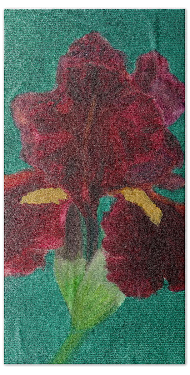 Flower Bath Towel featuring the painting Red Iris by Paula Emery