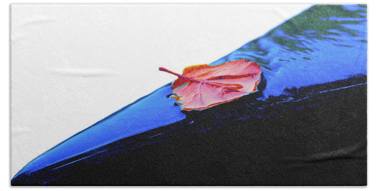 Leaf Bath Towel featuring the photograph Red Leaf on Blue Water Fountain by Naoki Aiba