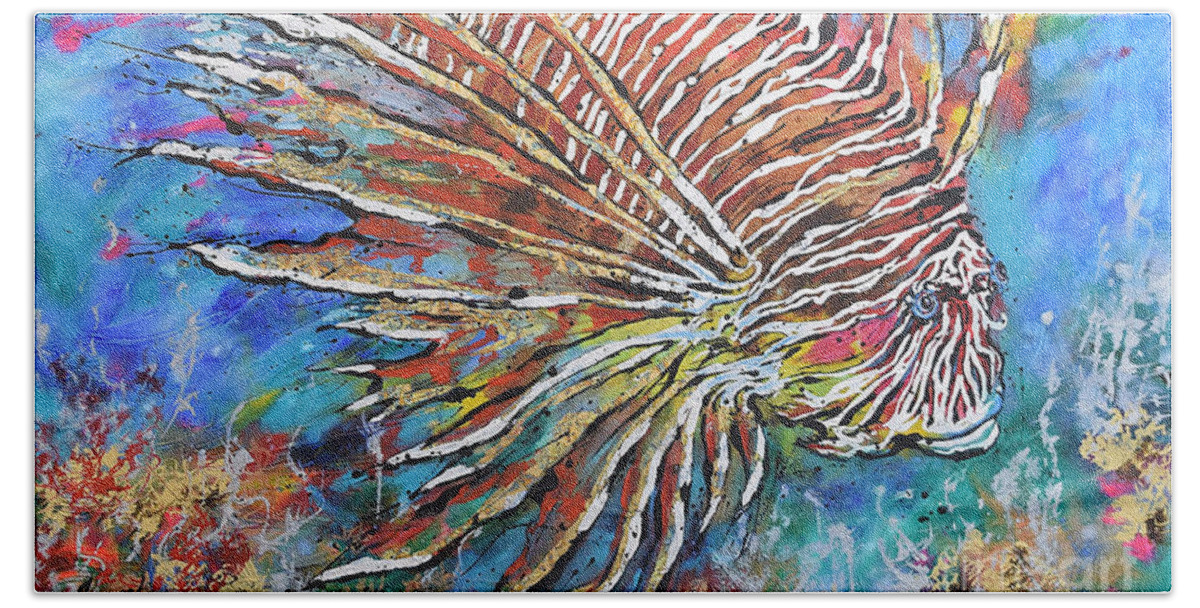 Red Lion-fish Bath Towel featuring the painting Red Lion-fish by Jyotika Shroff