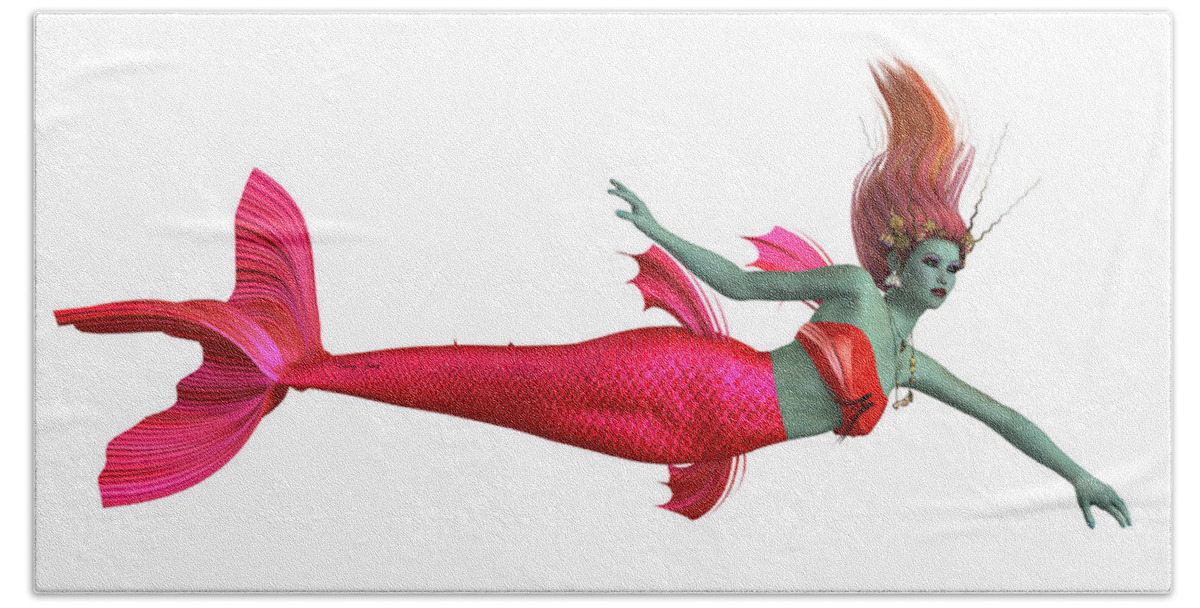 Mermaid Bath Towel featuring the painting Red Mermaid on White by Corey Ford