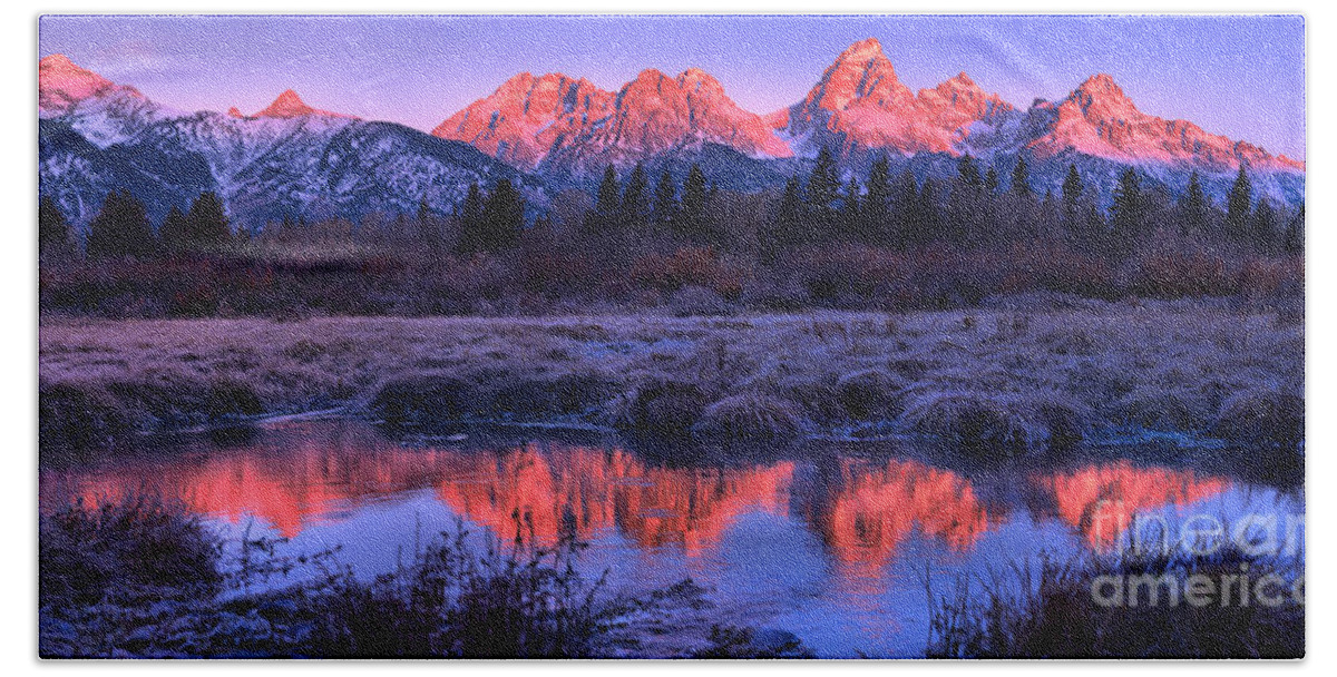 Grand Teton National Park Hand Towel featuring the photograph Red Morning Teton Peaks Panorama by Adam Jewell