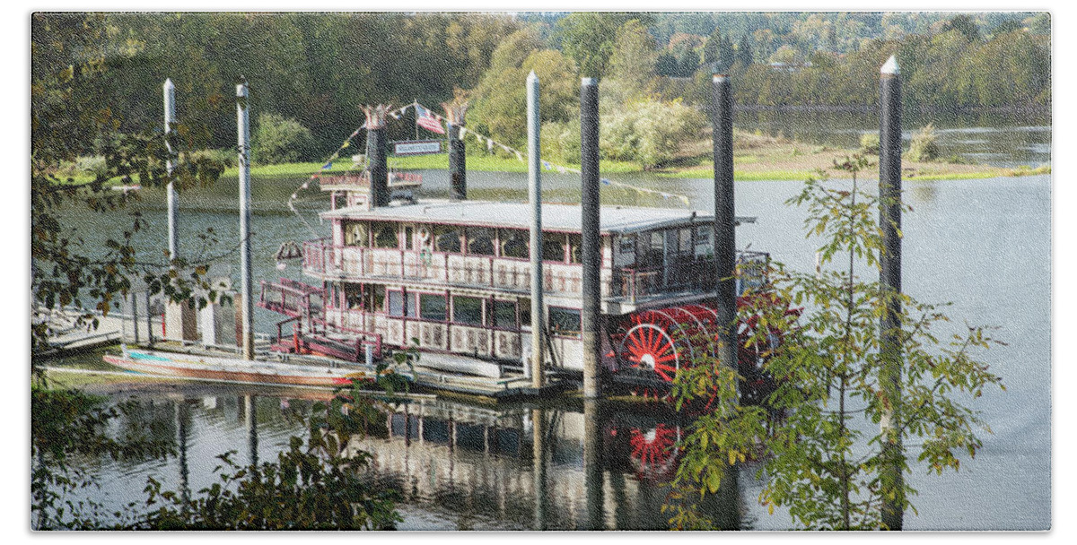 Paddle Wheeler; Boats; Leisure; Summer; Peaceful; Willamette River; Salem; Oregon; Willamette Queen; Riverfront City Park; Carousel; Paddle Wheel Bath Towel featuring the photograph Red Paddle Wheel by Tom Cochran