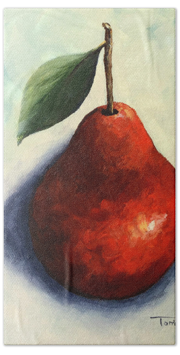 Pear Hand Towel featuring the painting Red Pear in the Spotlight by Torrie Smiley