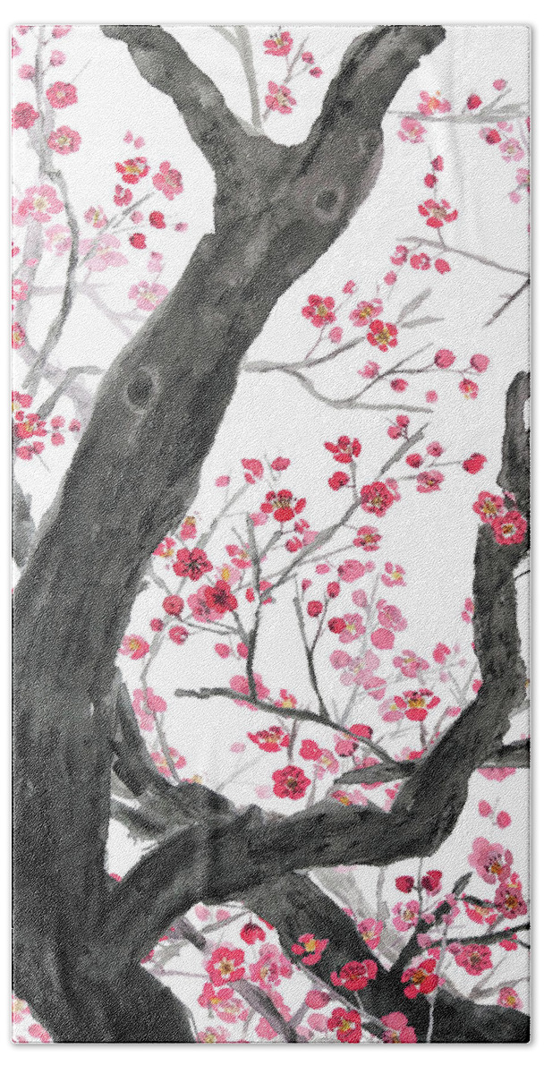 Red Plum Flower Bath Towel featuring the painting Red Plum Flower Forest by Color Color