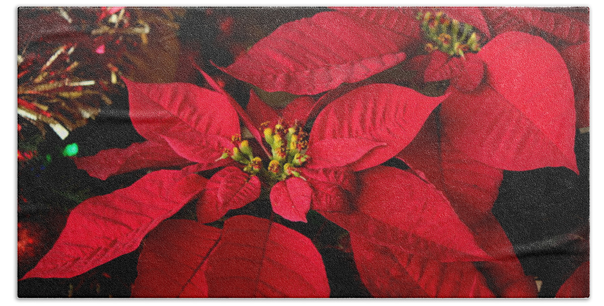 Red Hand Towel featuring the photograph Red Poinsettia and Tinsel by Sheila Brown