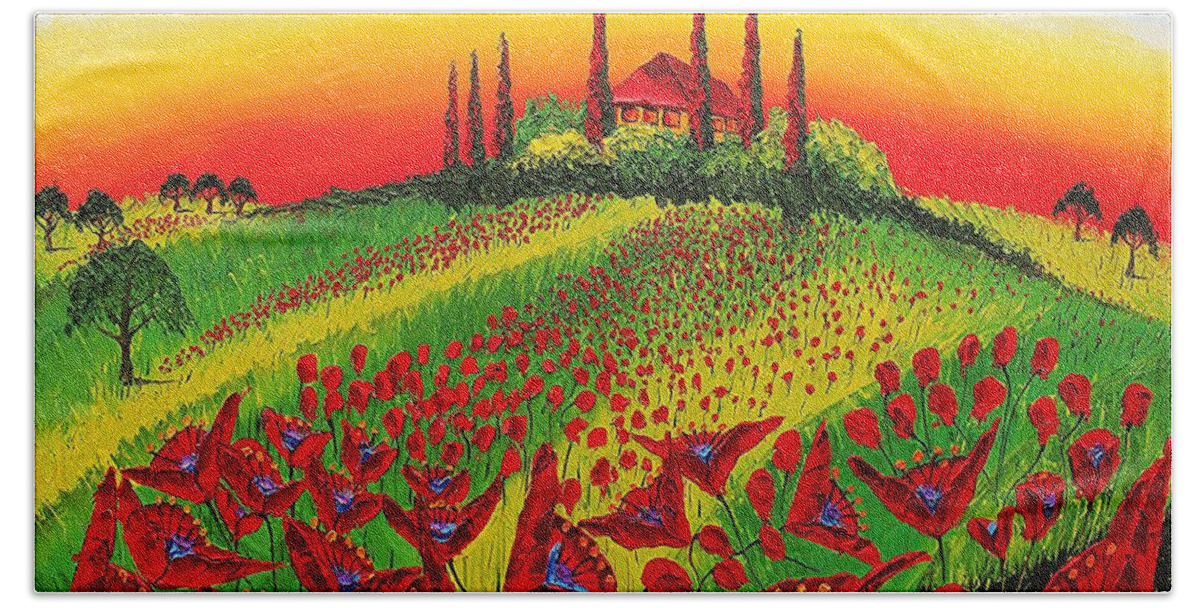  Hand Towel featuring the painting Red Poppies Of Tuscany #5 by James Dunbar