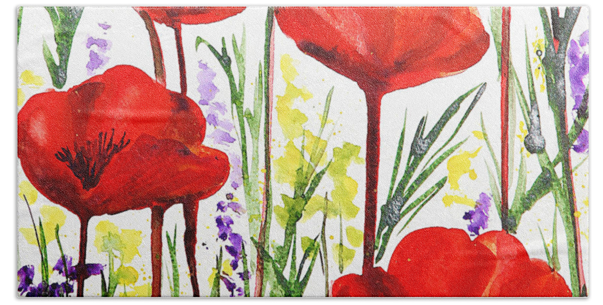 Poppies Hand Towel featuring the painting Red Poppies Watercolor by Irina Sztukowski by Irina Sztukowski