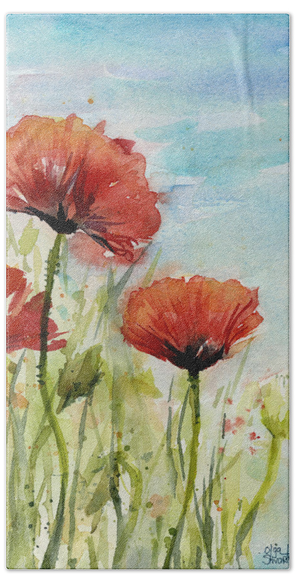 Red Poppy Hand Towel featuring the painting Red Poppies Watercolor by Olga Shvartsur