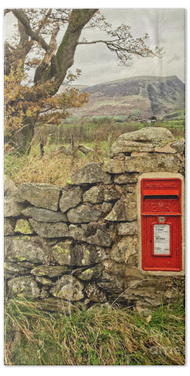 Red Post Box Hand Towel featuring the photograph Red Postbox Down a Country Lane by Martyn Arnold