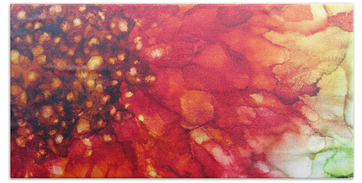 Abstract Bath Towel featuring the painting Red Radience by Louise Adams
