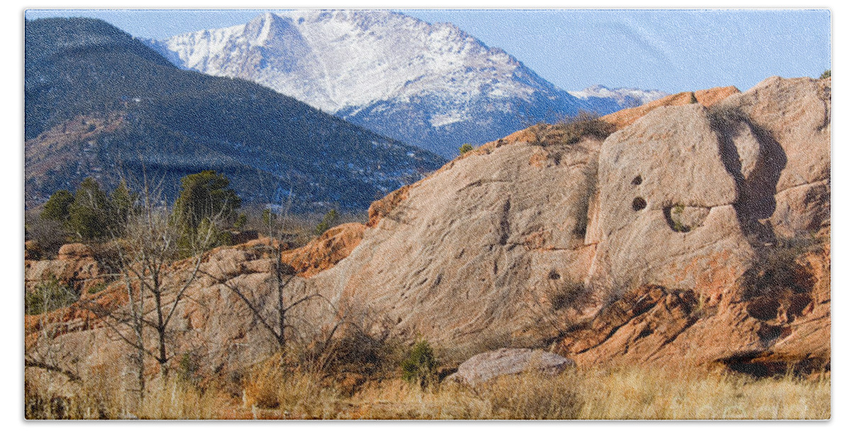 Bikers Bath Towel featuring the photograph Red Rock and Pikes Peak by Steven Krull