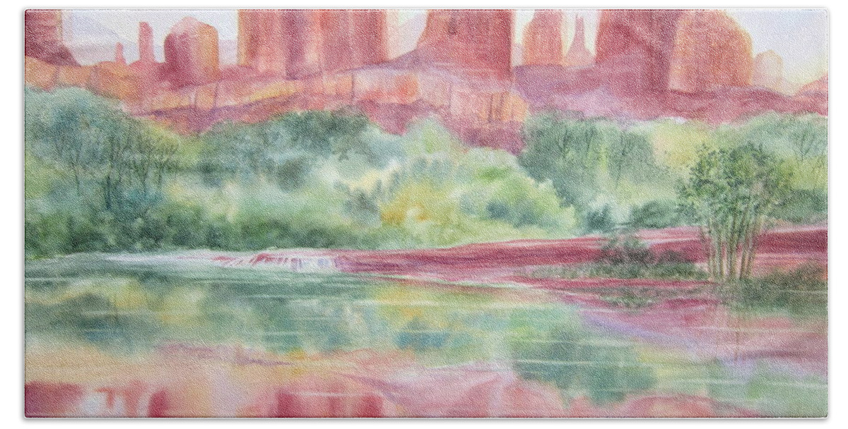 Red Rock Canyon Hand Towel featuring the painting Red Rock Canyon by Deborah Ronglien