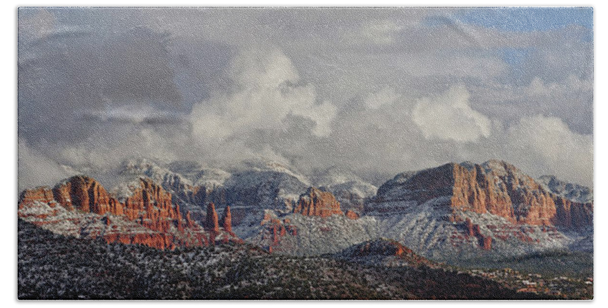Winter Scene Bath Towel featuring the photograph Red Rock Winter Magic by Leda Robertson