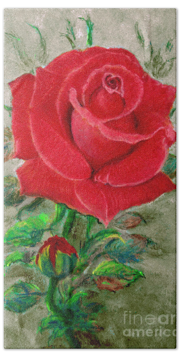 Red Rose Bath Towel featuring the painting Red Rose by Jasna Dragun