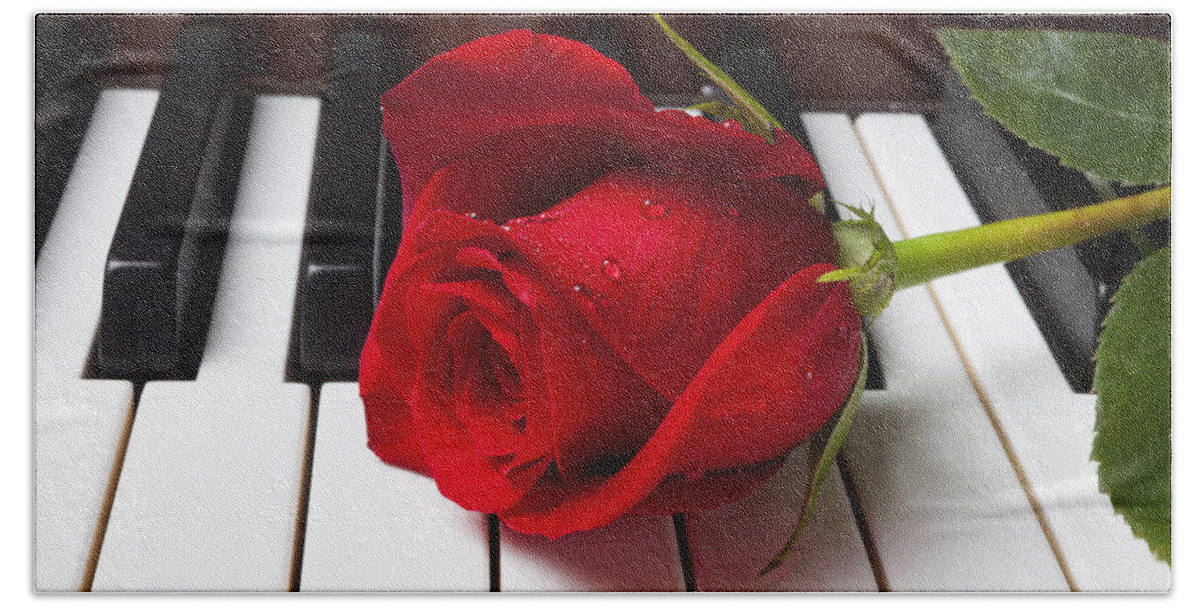 Red Rose Roses Hand Towel featuring the photograph Red rose on piano keys by Garry Gay