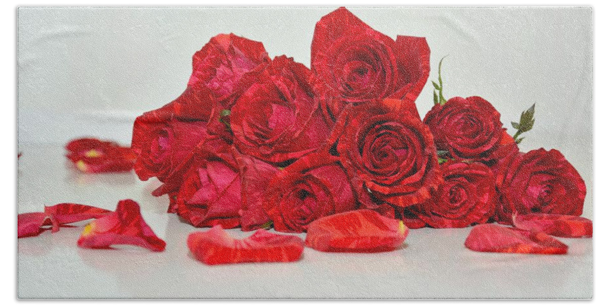 Alcohol Hand Towel featuring the photograph Red Roses And Rose Petals by Serena King