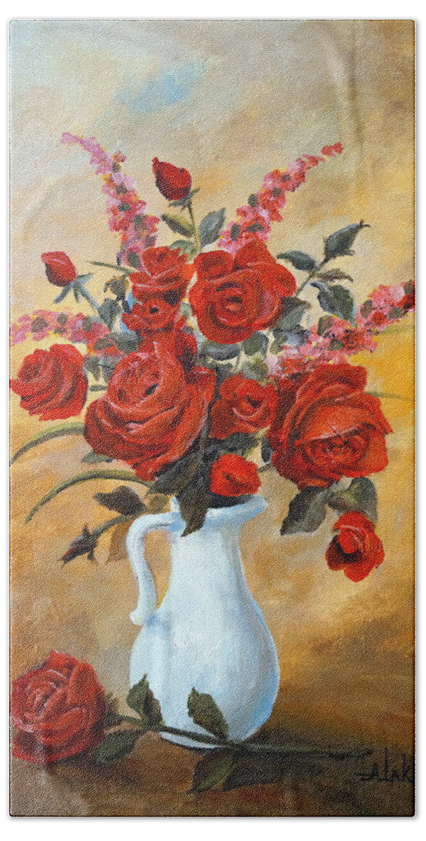 Roses Bath Towel featuring the painting Red Roses in a White Pitcher by Alan Lakin